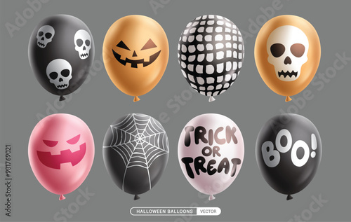 Halloween balloons vector set design. Balloons Halloween inflatable collection with creepy face, skittish print and scary decoration elements. Vector illustration horror balloon design. 
