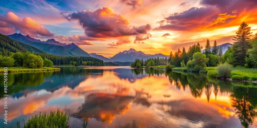 Amidst a soothing sunset, a peaceful lake glimmers, its surface reflecting the vibrant orange and pink hues of Amidst a soothing sunset, a peaceful lake glimmers, its surface reflecting the vibrant orange and pink hues of