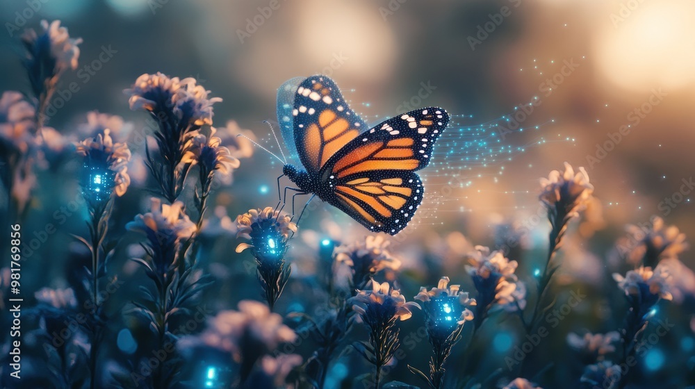 A vibrant butterfly flutters over glowing flowers in a dreamy, enchanting landscape. A vibrant butterfly flutters over glowing flowers in a dreamy, enchanting landscape.