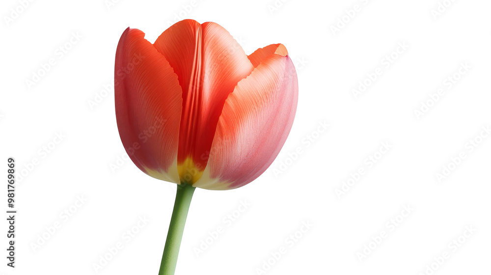 Obraz premium A beautiful vibrant red and orange tulip bloom with green stem, isolated on a white background. Perfect for floral, nature, and spring themes.