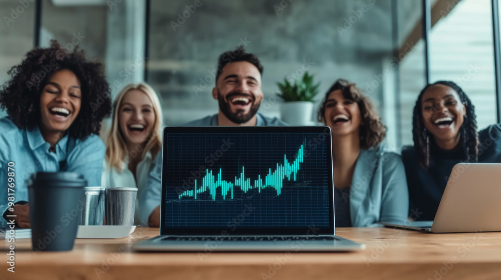 A diverse group of friends is laughing and celebrating together, showcasing joy and camaraderie in modern workspace. laptop displays positive growth chart, symbolizing success and teamwork A diverse group of friends is laughing and celebrating together, showcasing joy and camaraderie in modern workspace. laptop displays positive growth chart, symbolizing success and teamwork