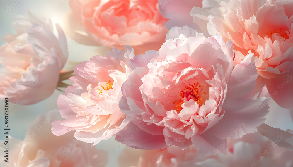 Soft, blooming peonies and roses in pastel shades, adding a delicate and feminine touch Soft, blooming peonies and roses in pastel shades, adding a delicate and feminine touch