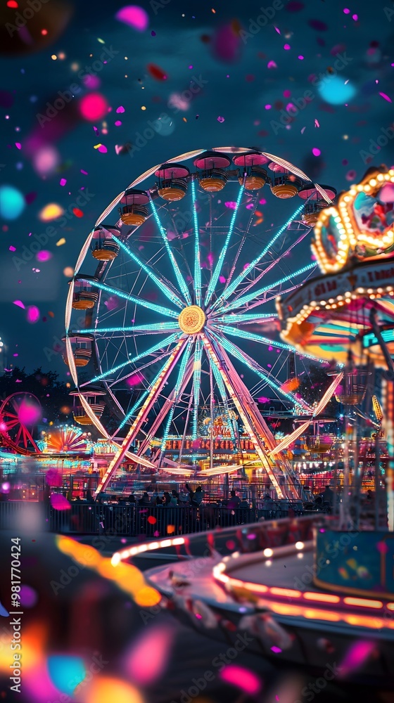 A vibrant neon carnival filled with glowing rides--bright neon Ferris wheels, roller coasters, and carousels light up the night A vibrant neon carnival filled with glowing rides--bright neon Ferris wheels, roller coasters, and carousels light up the night