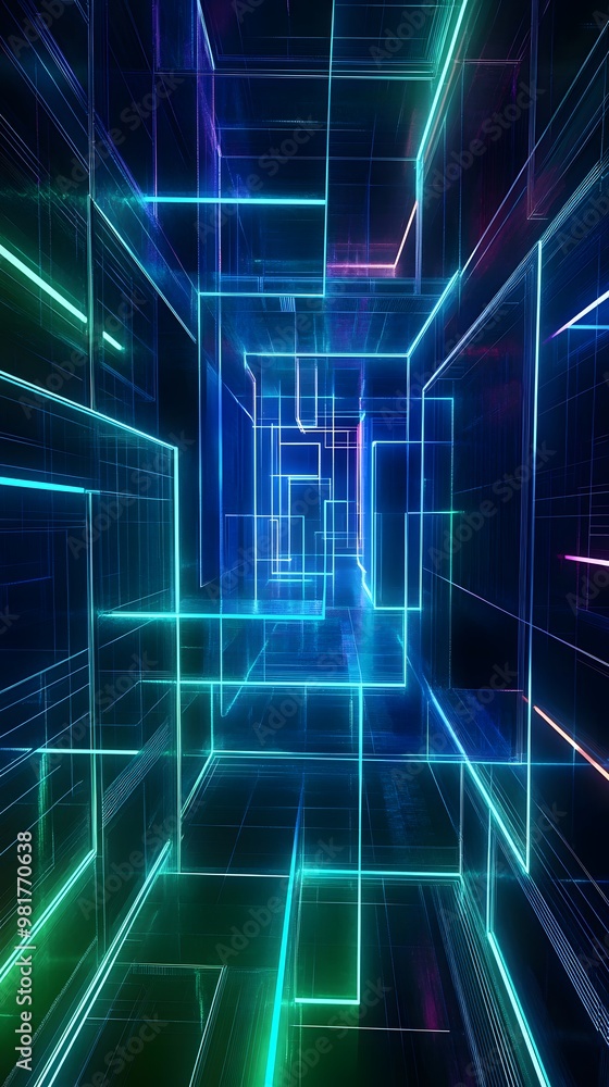 An abstract neon maze with glowing paths outlined in bright blues and greens An abstract neon maze with glowing paths outlined in bright blues and greens