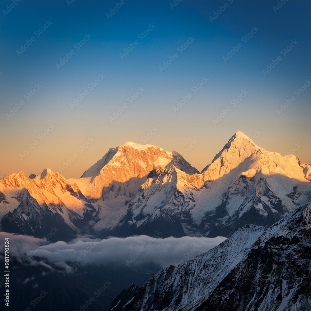 Serene snow-capped peaks at sunrise with golden light touching the mountain tops Serene snow-capped peaks at sunrise with golden light touching the mountain tops