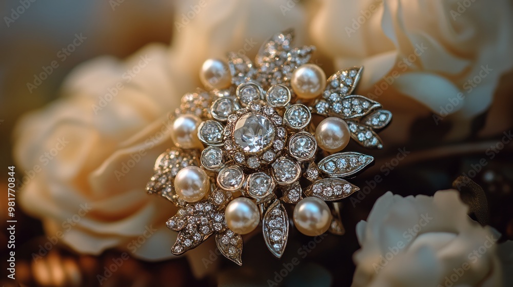 A decorative brooch featuring pearls and diamonds amidst soft roses. A decorative brooch featuring pearls and diamonds amidst soft roses.
