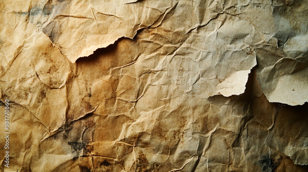 Close-up of wrinkled and aged paper with brown and black stains. Close-up of wrinkled and aged paper with brown and black stains.