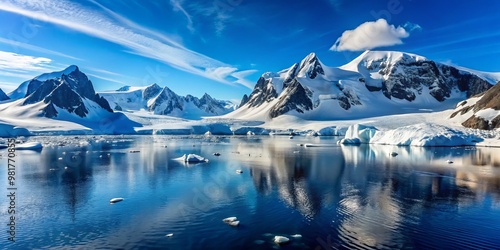 Antarctica's frozen landscape unfolds in a breathtaking panorama of glinting glaciers, towering snow-capped mountains,