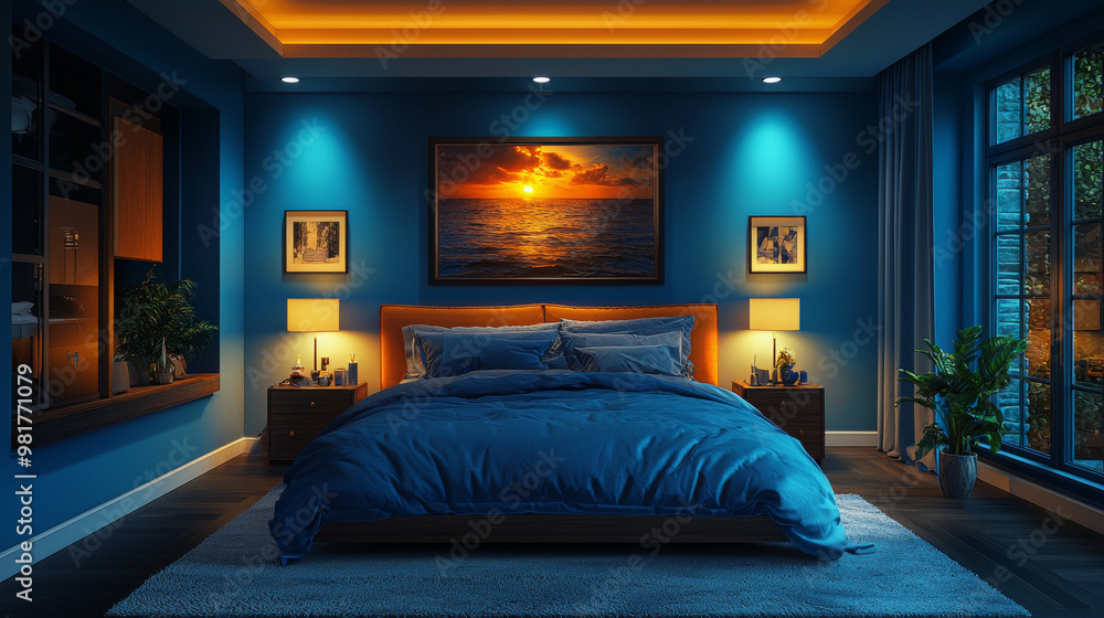 A cozy bedroom with blue walls and a large bed, perfect for a relaxing evening. A cozy bedroom with blue walls and a large bed, perfect for a relaxing evening.