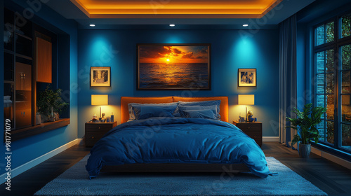 Obraz na płótnie A cozy bedroom with blue walls and a large bed, perfect for a relaxing evening. w salonie