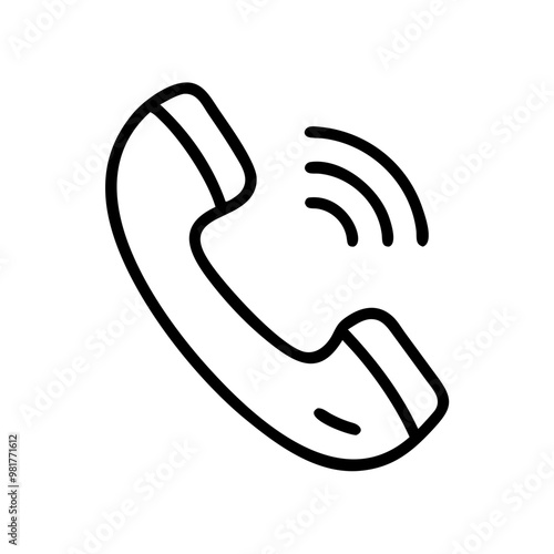 Ringing phone handset icon in black outline, telephone communication concept
