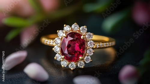 A stunning ruby ring adorned with diamonds, resting on a dark surface with flower petals.