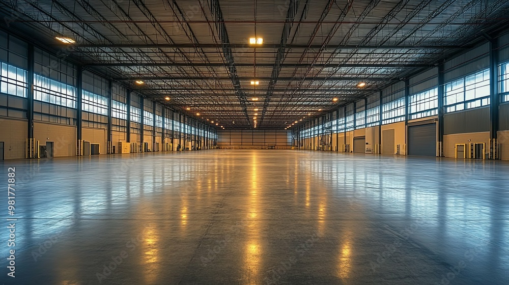 Empty Industrial Warehouse with Overhead Lighting Empty Industrial Warehouse with Overhead Lighting