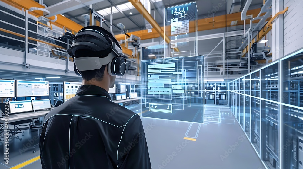 Industrial worker wearing a virtual reality headset, interacting with digital data and automation systems within a factory setting