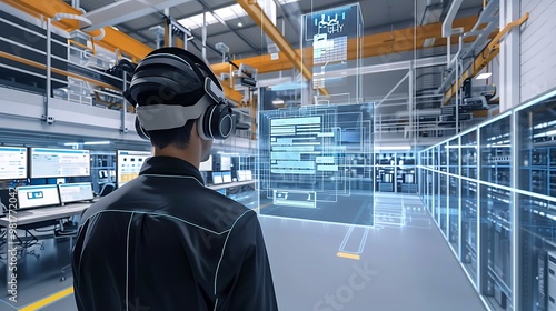 Obraz na płótnie Industrial worker wearing a virtual reality headset, interacting with digital data and automation systems within a factory setting w salonie