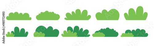 Set of bush vector illustration on a white background. Green flat bush on white background. Green grass vector set. Shrub bush shrubbery tree simple abstract. Eco element, foliage, stylized ecology.