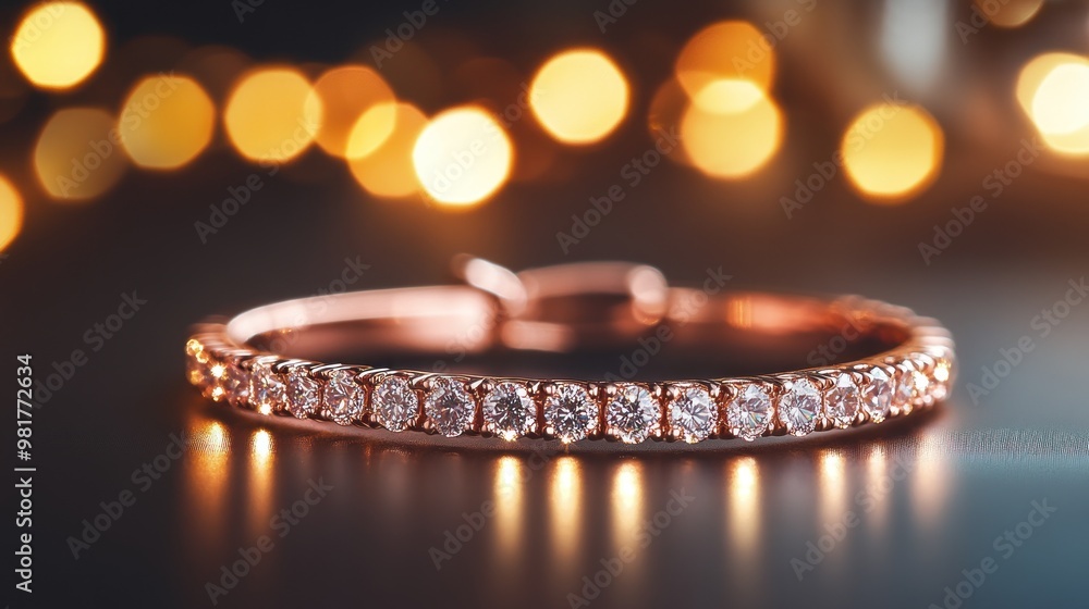 A close-up of a sparkling rose gold bracelet adorned with diamonds, set against a blurred background. A close-up of a sparkling rose gold bracelet adorned with diamonds, set against a blurred background.