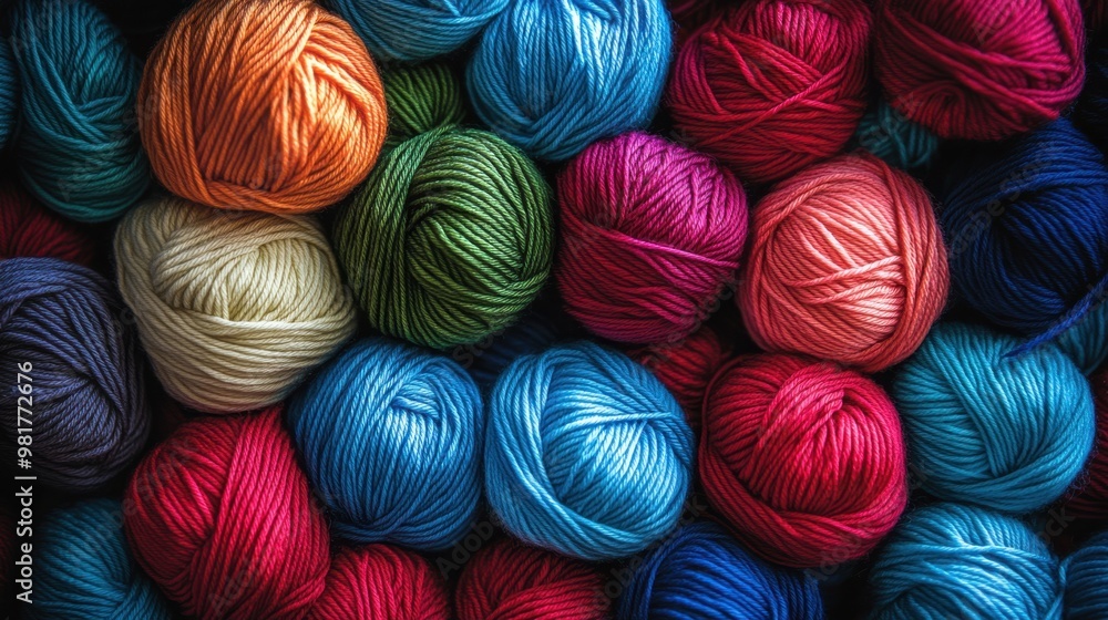 A colorful array of yarn skeins in a variety of bright shades, including red, blue, and green, tightly packed together. A colorful array of yarn skeins in a variety of bright shades, including red, blue, and green, tightly packed together.