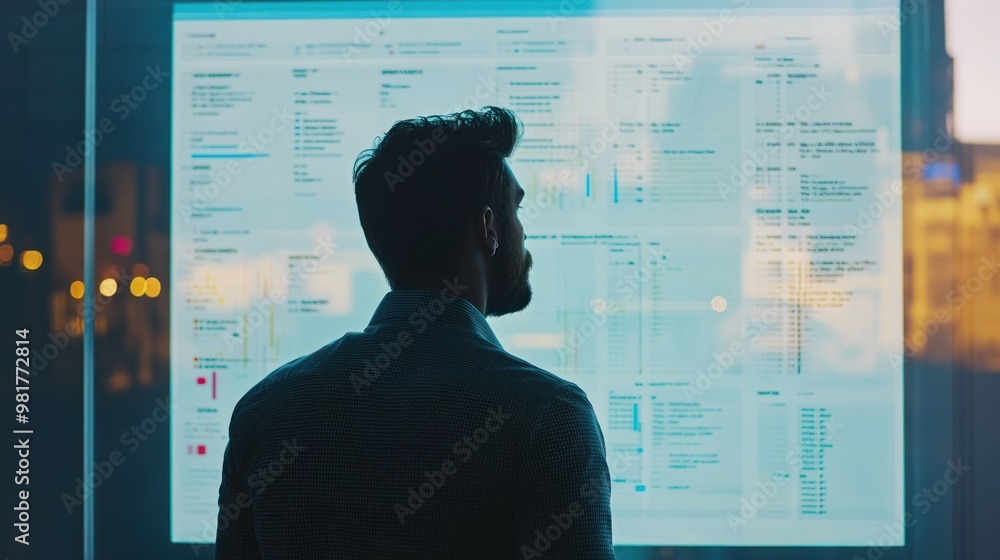 A person analyzing data on a large digital display in a modern workspace. A person analyzing data on a large digital display in a modern workspace.