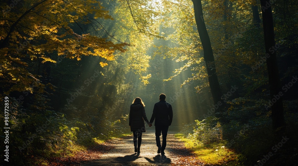 A couple walks hand-in-hand through a sunlit forest path during autumn. A couple walks hand-in-hand through a sunlit forest path during autumn.