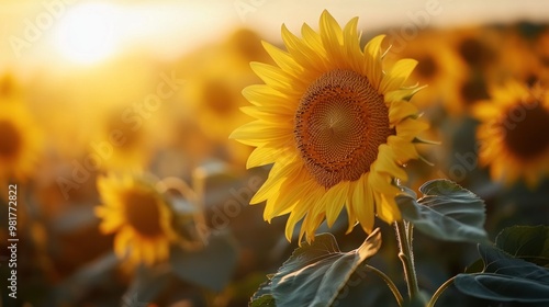 A vibrant sunflower stands tall in a golden field during sunset.