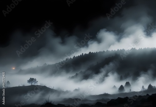 Dark, foggy landscape with mist or smoke covering the ground  photo