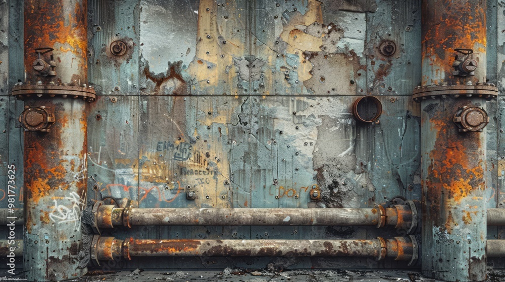 Naklejka premium Textured concrete wall, rusted steel pipes, graffiti, urban construction site