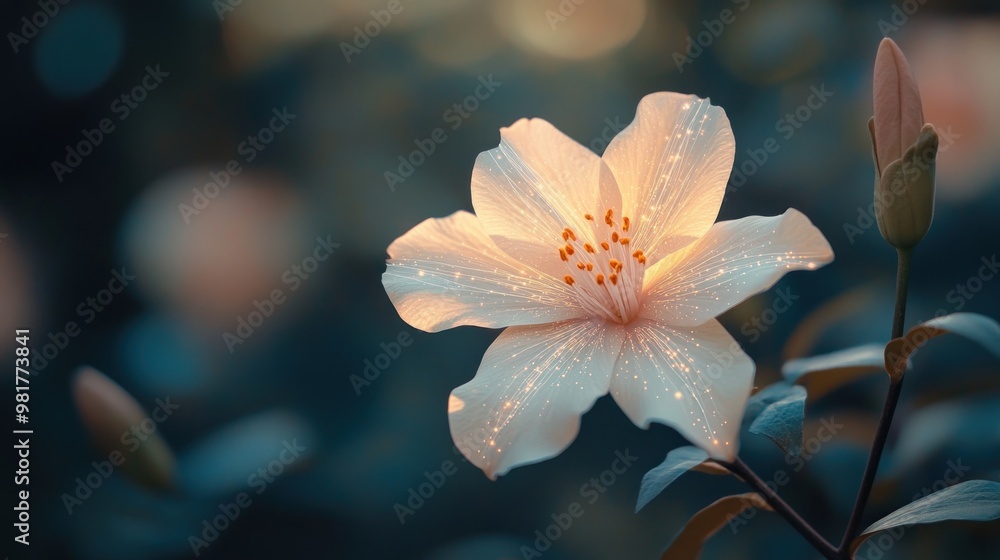 A close-up of a glowing flower with soft petals and vibrant details against a blurred background. A close-up of a glowing flower with soft petals and vibrant details against a blurred background.
