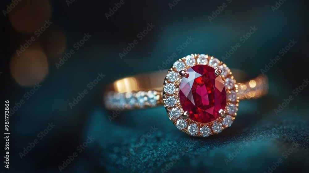 A stunning ring featuring a large red gemstone surrounded by sparkling diamonds. A stunning ring featuring a large red gemstone surrounded by sparkling diamonds.