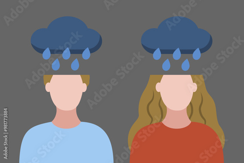 Man and woman in bad mood with raining clouds on head. Healthcare, mental, anxiety, stress concepts. Flat people vector design isolated illustration.