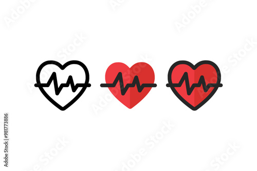 Set of heartbeat icon. Red Heart rate pulse rhythm. Healthcare concepts. Flat decorative vector design isolated illustration.