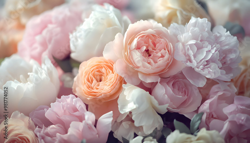 Soft, blooming peonies and roses in pastel shades, adding a delicate and feminine touch