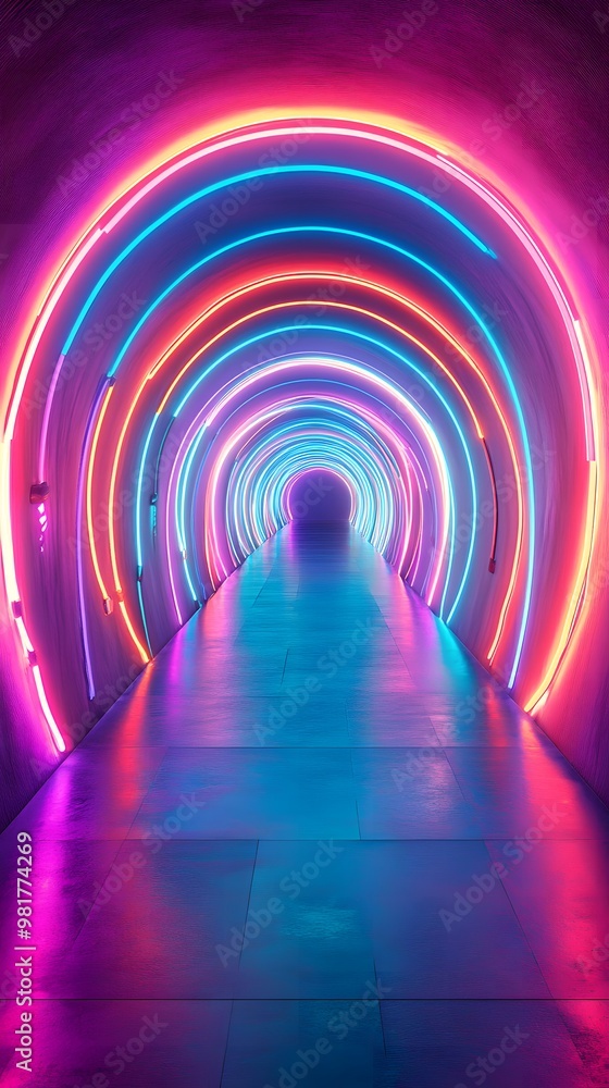 A long neon tunnel with spiraling lights that glow in vibrant colors. The walls pulse with bright neon lines that shift and change, giving the sense of movement and endless depth A long neon tunnel with spiraling lights that glow in vibrant colors. The walls pulse with bright neon lines that shift and change, giving the sense of movement and endless depth