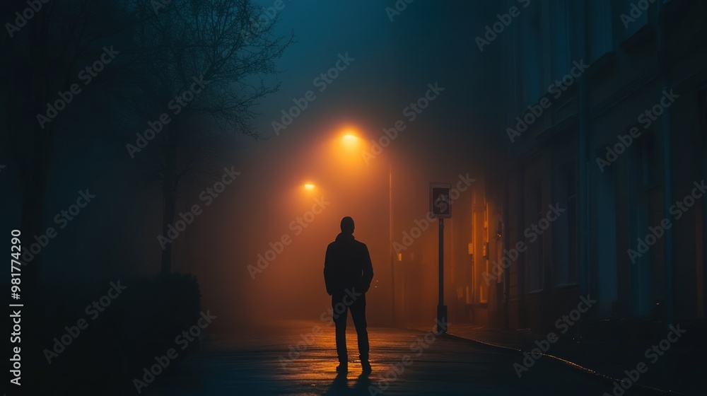 © BerkahStock - A solitary figure stands in a foggy street illuminated by streetlights at night.
