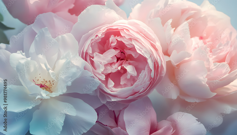 Fototapeta premium Soft, blooming peonies and roses in pastel shades, adding a delicate and feminine touch