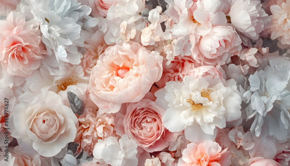 Soft, blooming peonies and roses in pastel shades, adding a delicate and feminine touch Soft, blooming peonies and roses in pastel shades, adding a delicate and feminine touch