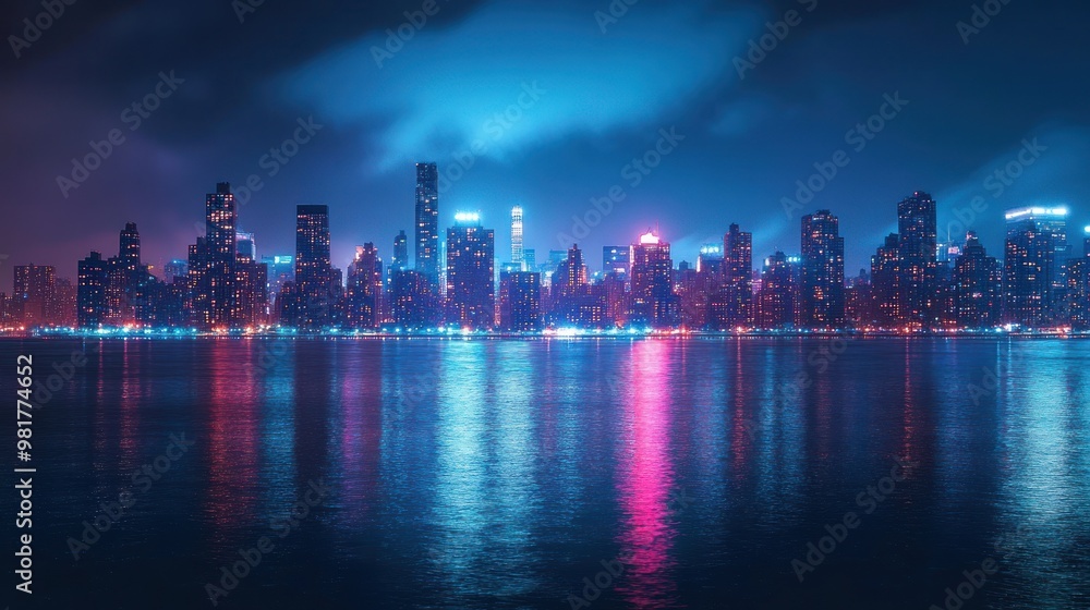 Fototapeta premium A vibrant city skyline at night, reflecting colorful lights on the water.