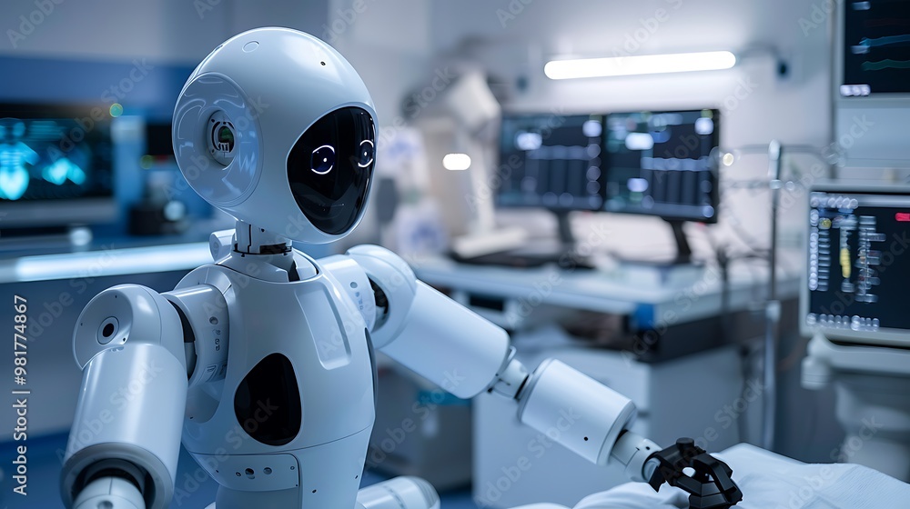 Medical robot in a hospital room, ready to assist with patient care. It represents the future of healthcare. Medical robot in a hospital room, ready to assist with patient care. It represents the future of healthcare.