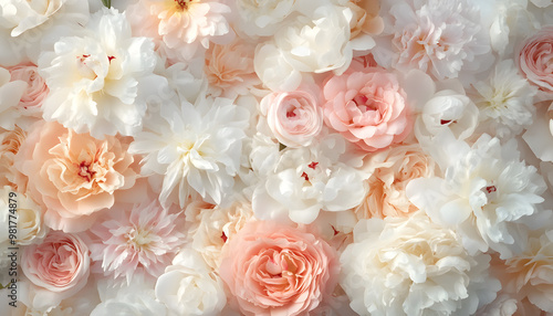 Soft, blooming peonies and roses in pastel shades, adding a delicate and feminine touch