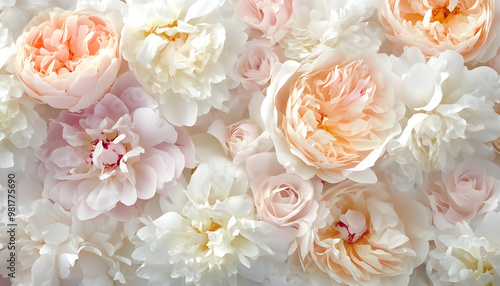 Soft, blooming peonies and roses in pastel shades, adding a delicate and feminine touch