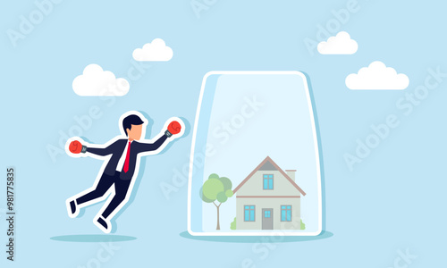 A businessman wearing boxing gloves trying to punch a glass covering a house, illustration of breaking out of the comfort zone or breaking away from routine