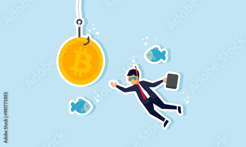 A businessman swimming with fish trying to catch a hook with bitcoin, illustration of in depth research to analyze the performance and potential of bitcoin
