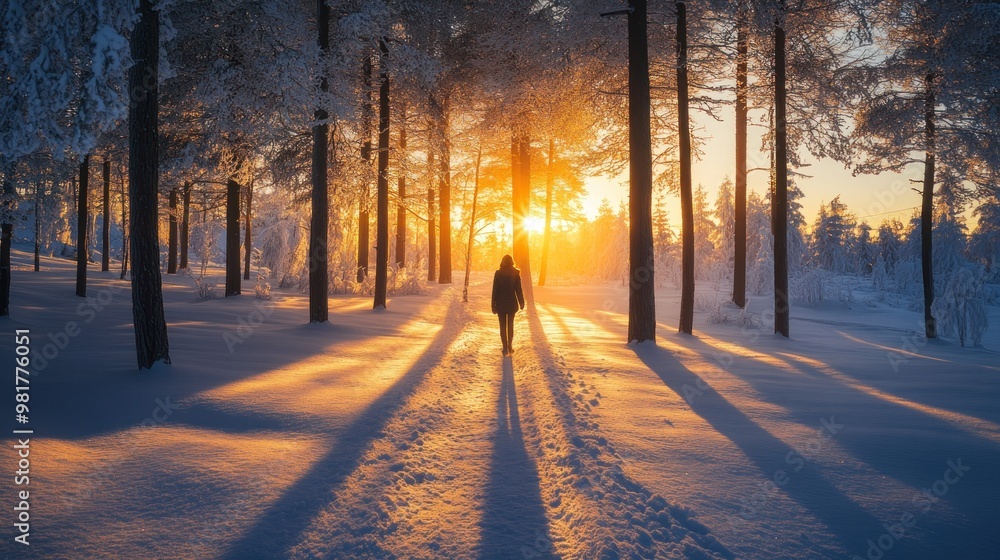 A serene winter landscape with a person walking through snow-covered trees at sunset. A serene winter landscape with a person walking through snow-covered trees at sunset.
