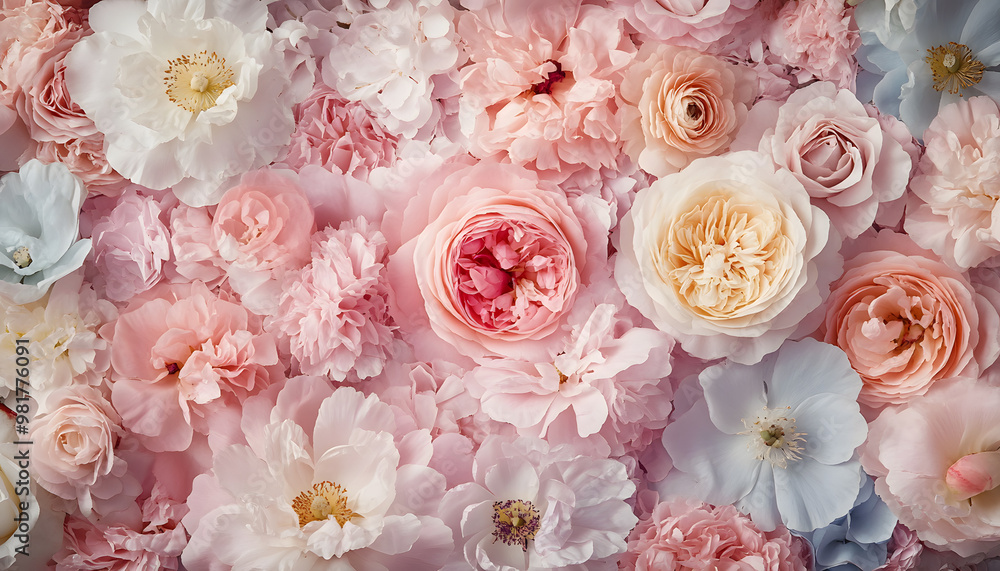 Soft, blooming peonies and roses in pastel shades, adding a delicate and feminine touch Soft, blooming peonies and roses in pastel shades, adding a delicate and feminine touch