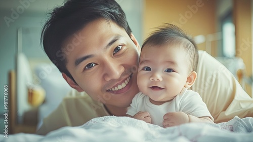 A smiling father holding his baby on a bed