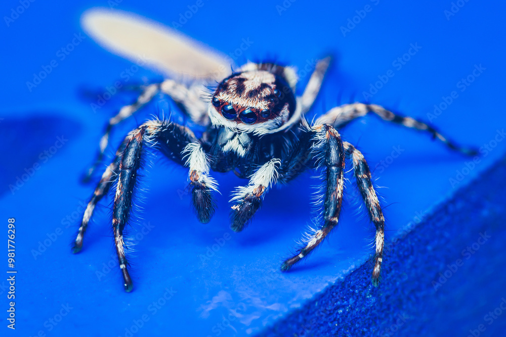 Jumping spider standing on vivid blue surface posing for camera. Jumping spider standing on vivid blue surface posing for camera.