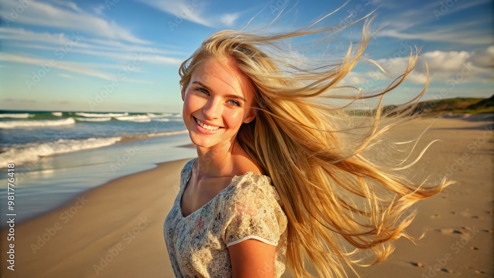 Blonde hair sways gently in ocean breeze as the young woman's smiling face basks in the warm sunlight Blonde hair sways gently in ocean breeze as the young woman's smiling face basks in the warm sunlight