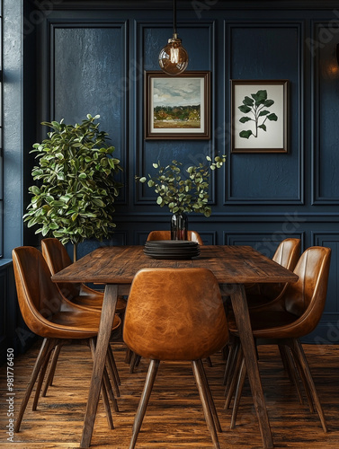 A modern dining room with a dark blue wall and a wooden table with brown leather chairs.