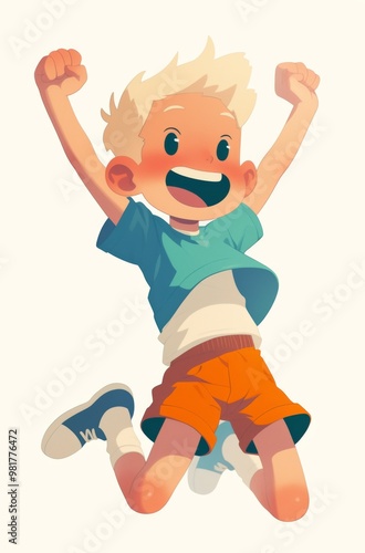 A cartoon blonde boy jumping for joy, isolated on a white background. The illustration features colorful, cute, and bold-lined elements 