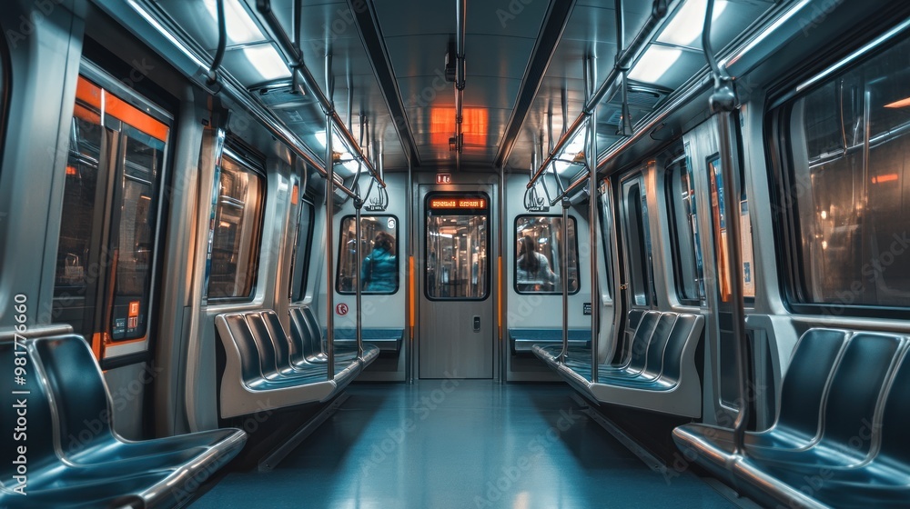 Empty subway train interior with illuminated panels and sleek seating. Empty subway train interior with illuminated panels and sleek seating.